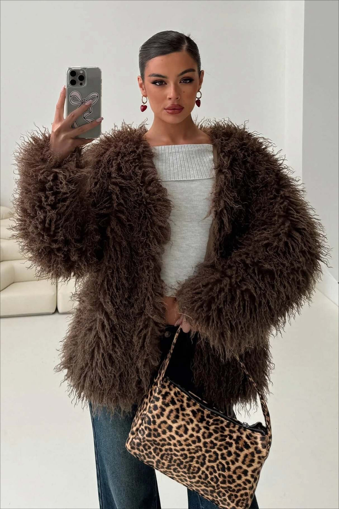 EB | Fluffy Brown Faux Fur Übergroße Jacke