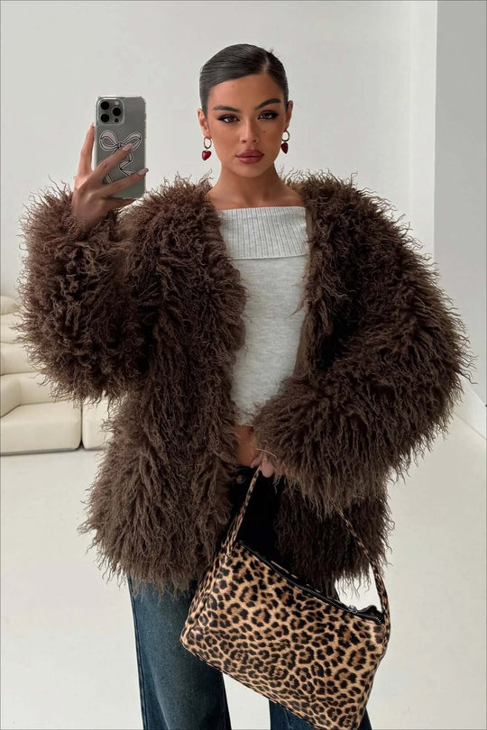 EB | Fluffy Brown Faux Fur Übergroße Jacke