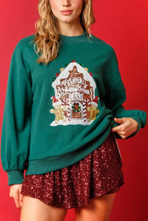 EB | Weihnachts Süßigkeitenhaus Pailletten Lässiger Lockere Pullover