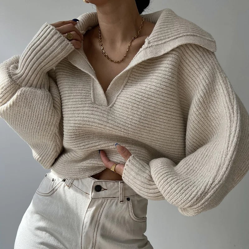 EB | Gemütlicher Strickpullover mit Laternenärmeln und Offenem Kragen