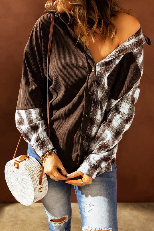 EB | Karierte Farbblock Gefallen Schulter Corduroy Shacket