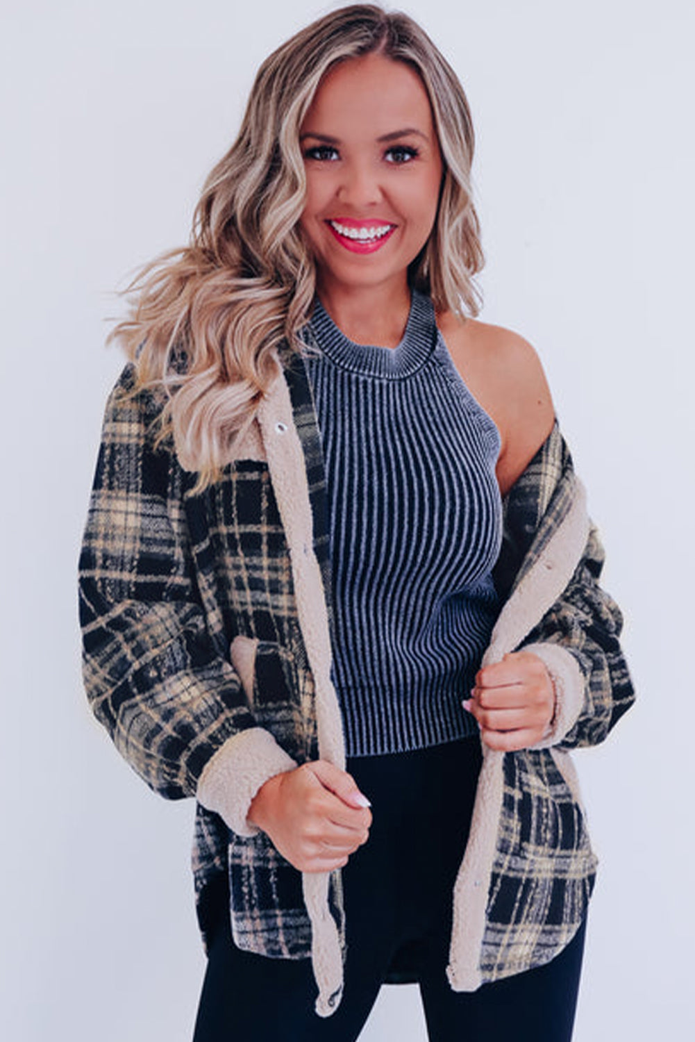 EB | Karierter Teddyjacke mit Sherpa Polyester-mischung Warm und Bequem