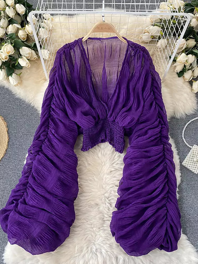 EB | Elegantes Chiffon V-Leder Puff Lange Ärmel Kurze Tops
