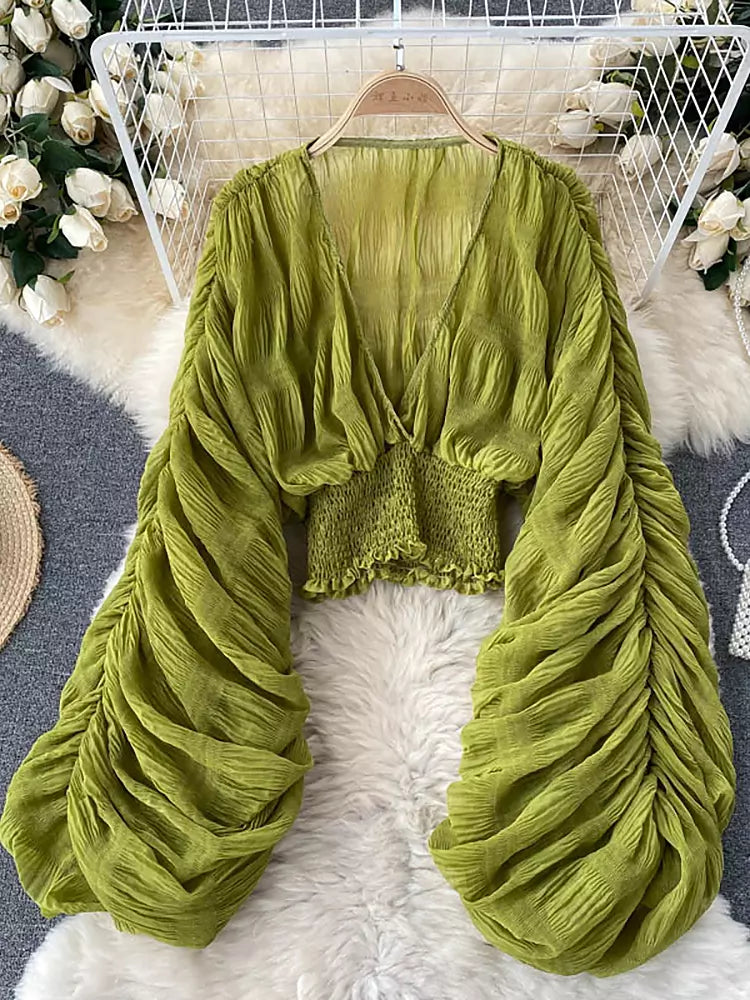 EB | Elegantes Chiffon V-Leder Puff Lange Ärmel Kurze Tops