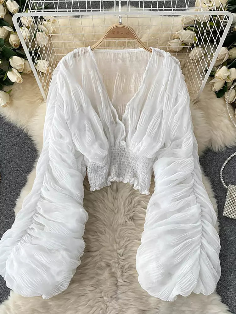 EB | Elegantes Chiffon V-Leder Puff Lange Ärmel Kurze Tops