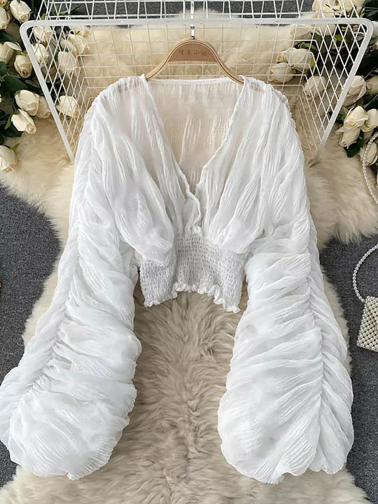 EB | Elegantes Chiffon V-Leder Puff Lange Ärmel Kurze Tops