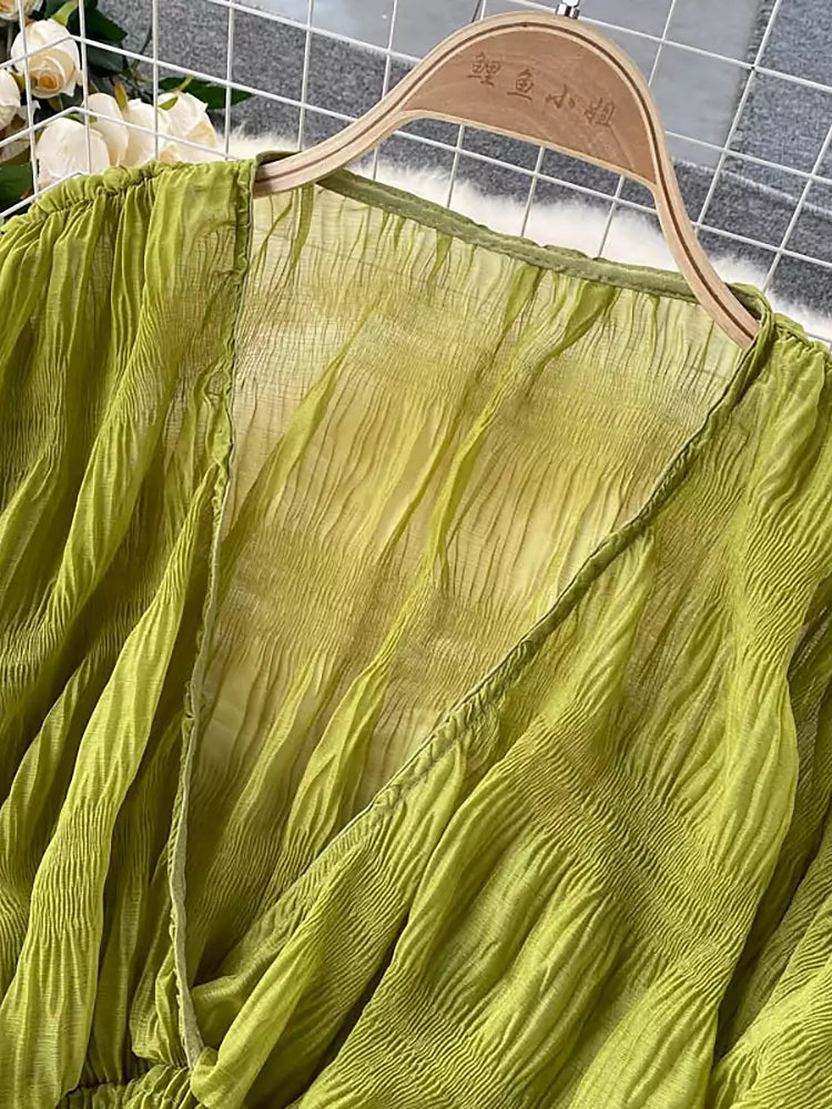EB | Elegantes Chiffon V-Leder Puff Lange Ärmel Kurze Tops