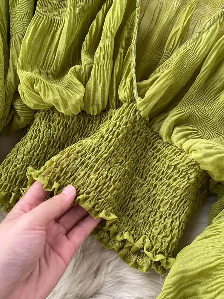 EB | Elegantes Chiffon V-Leder Puff Lange Ärmel Kurze Tops