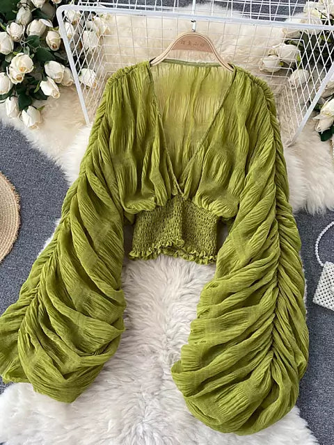 EB | Elegantes Chiffon V-Leder Puff Lange Ärmel Kurze Tops