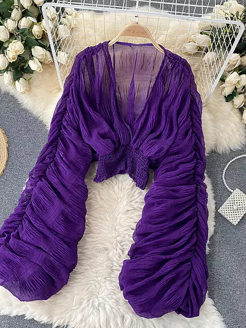 EB | Elegantes Chiffon V-Leder Puff Lange Ärmel Kurze Tops