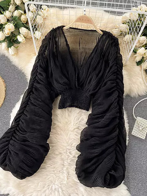 EB | Elegantes Chiffon V-Leder Puff Lange Ärmel Kurze Tops
