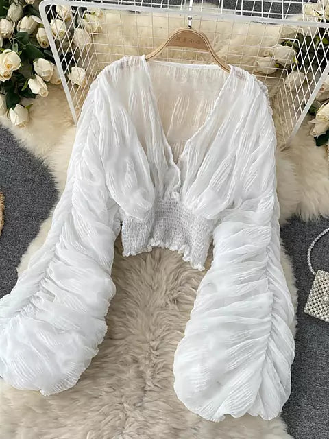 EB | Elegantes Chiffon V-Leder Puff Lange Ärmel Kurze Tops
