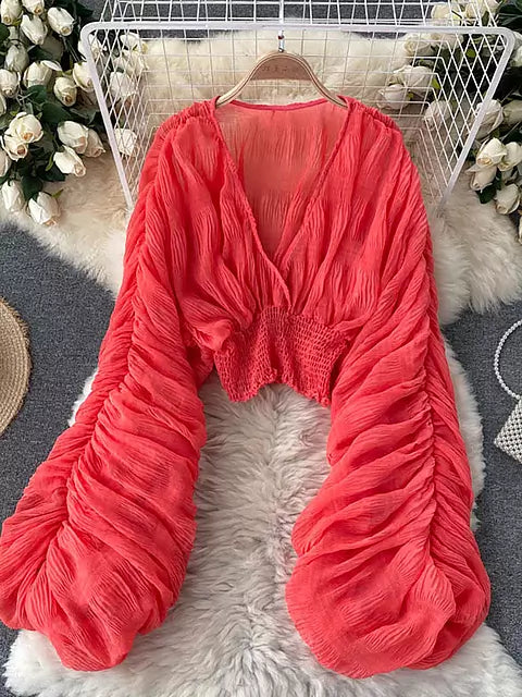 EB | Elegantes Chiffon V-Leder Puff Lange Ärmel Kurze Tops