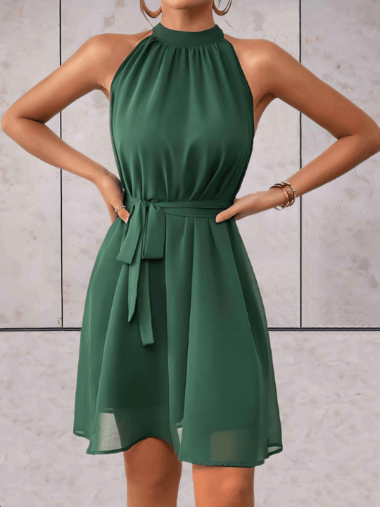 EB | Danes Mini Kleid Einfarbiges Ärmelloses Kleid mit Rundhalsausschnitt und Bindegürtel