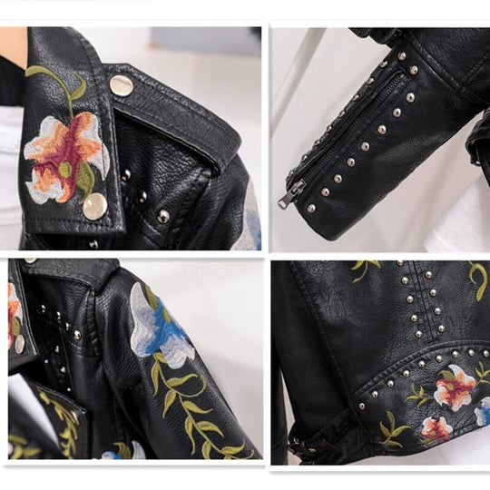 EB | Bestickte Frauen Kunstleder Bikerjacke