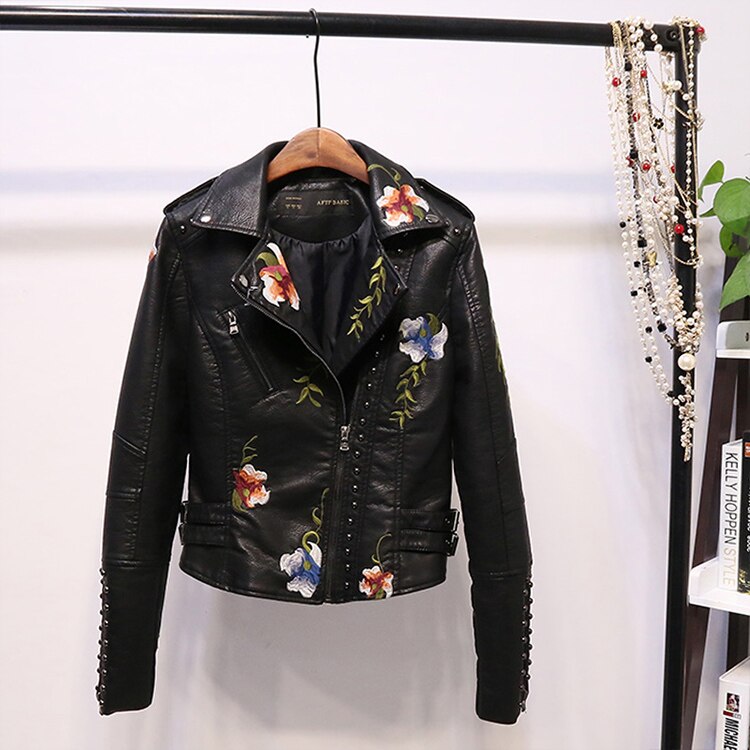 EB | Bestickte Frauen Kunstleder Bikerjacke