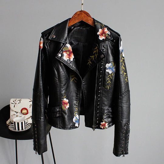 EB | Bestickte Frauen Kunstleder Bikerjacke