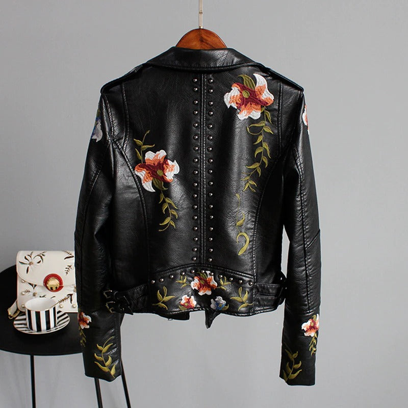 EB | Bestickte Frauen Kunstleder Bikerjacke