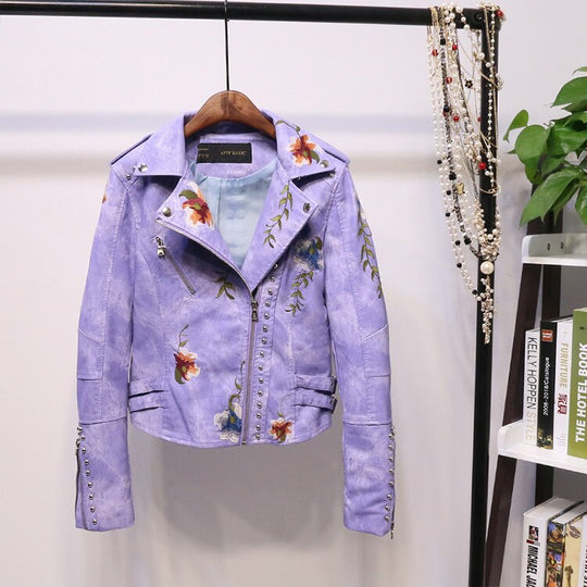 EB | Bestickte Frauen Kunstleder Bikerjacke