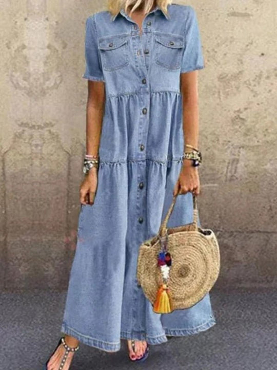 EB | Europäischer und amerikanischer Denim-Stil langes Mehrknopf-verwüstetes Kleid