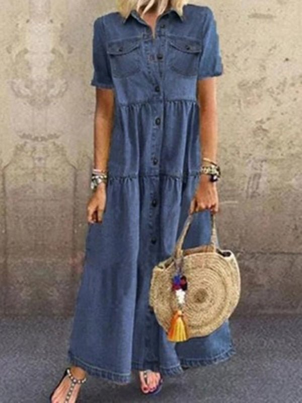 EB | Europäischer und amerikanischer Denim-Stil langes Mehrknopf-verwüstetes Kleid