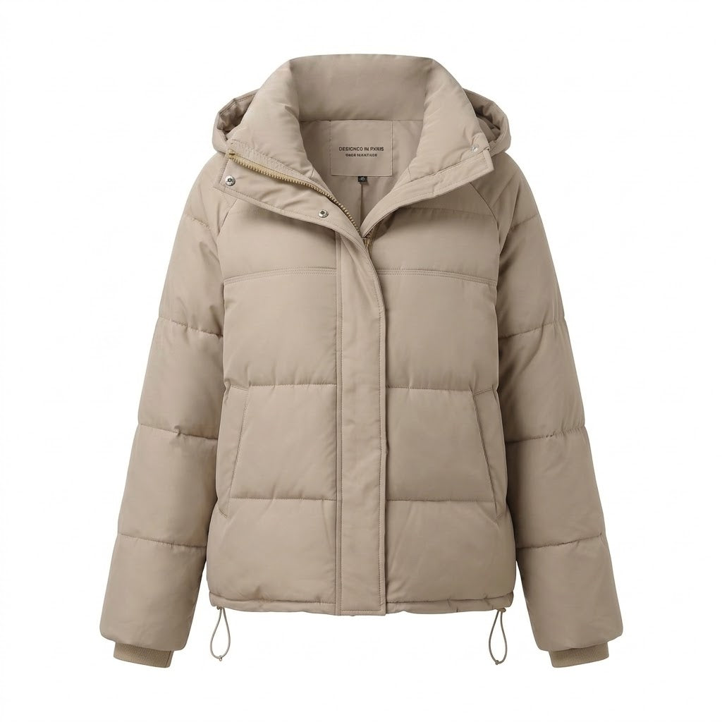 Damen nan kurzer wattierter Oversize-Steppjacke mit hohem Stehkragen und verstellbarem Kordelzug EB