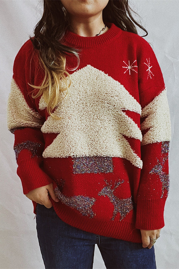 EB | Weihnachtsmuster Gestrickter Rundhalsausschnitt Langarmpullover