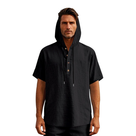 EB | Leinen-Knopf-Strand-Kapuzen-Henley-Shirt