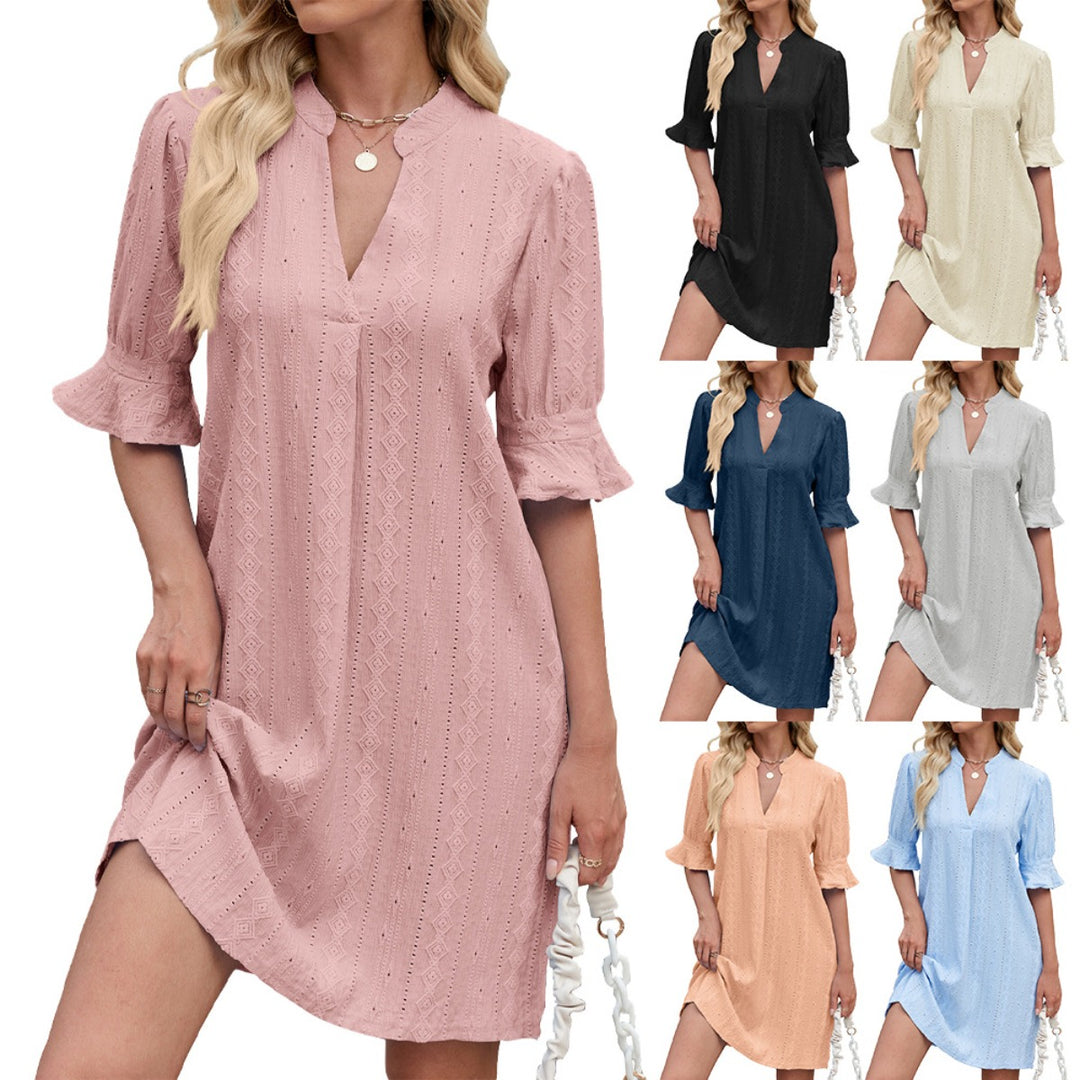 EB | Jacquard five-quarter-sleeved Kleid mit V-Ausschnitt