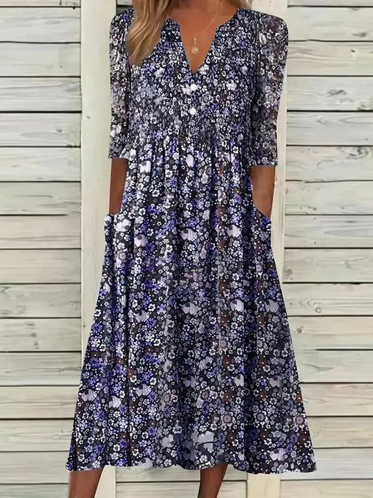 EB | Midikleid A-Linie Passform V-Ausschnitt 3/4 Ärmel Blumenmuster