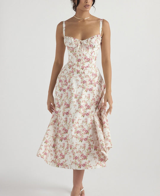 EB | Floraler Strapsrock mit Schnürsenkeln und Neckholder mit hohem Schlitz