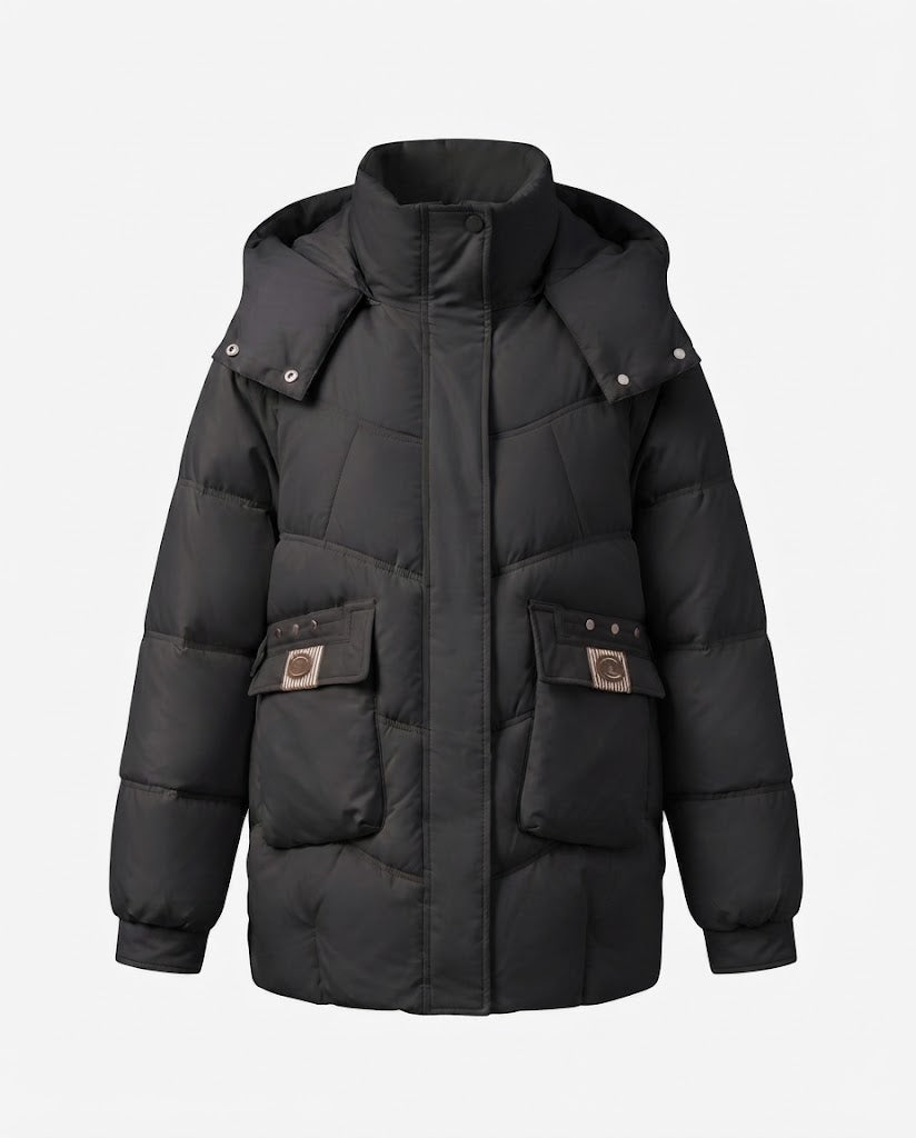 Damen nan mittel-langer wattierter Parka mit hoher Stehkragen-Blende, verstaubarer Kapuze und großen Cargo-Taschen EB