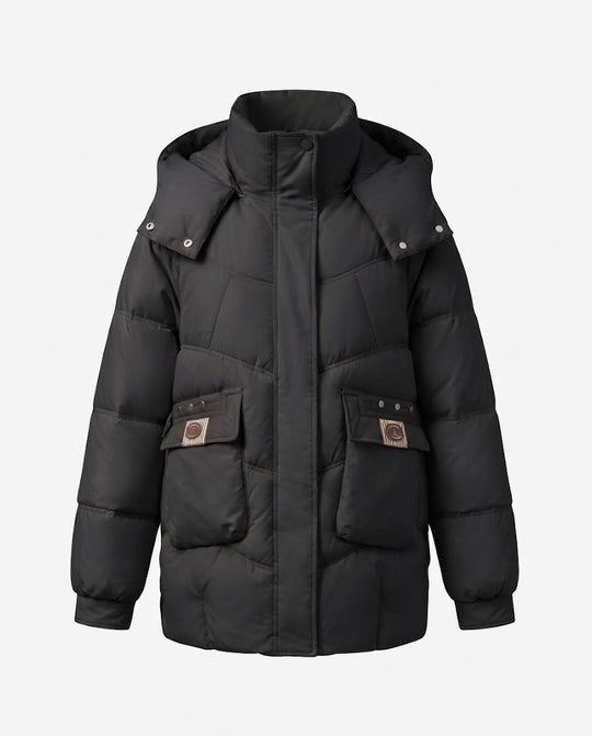 Damen nan mittel-langer wattierter Parka mit hoher Stehkragen-Blende, verstaubarer Kapuze und großen Cargo-Taschen EB