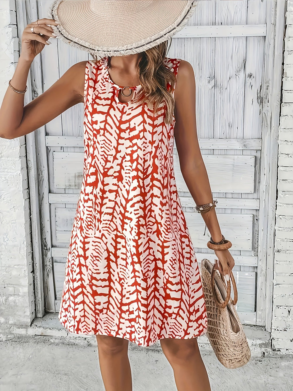 EB | Sommerkleid mit Print Ohne Ärmel, V-Ausschnitt, A-Linie, Leicht und Elegant