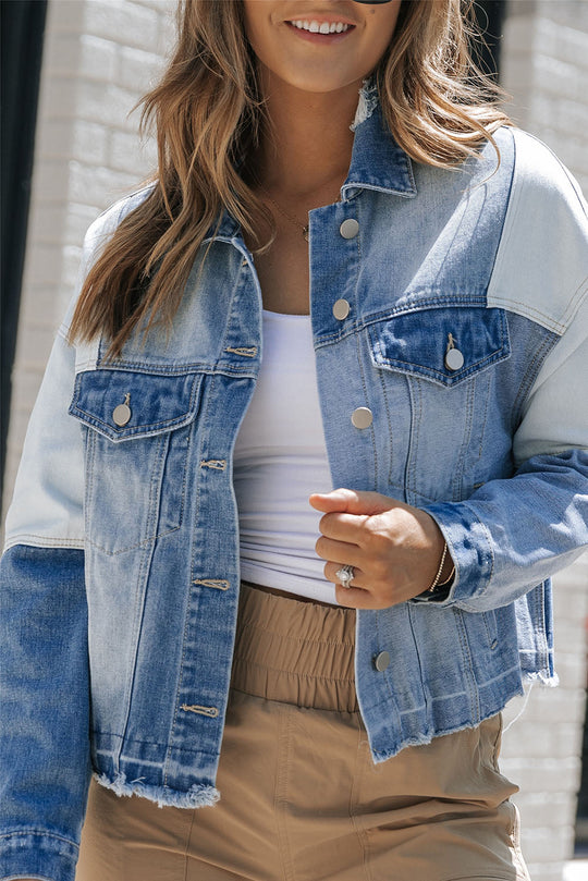 EB | Denimjacke mit Patchwork und Fransigem Saum Herbst Frauen