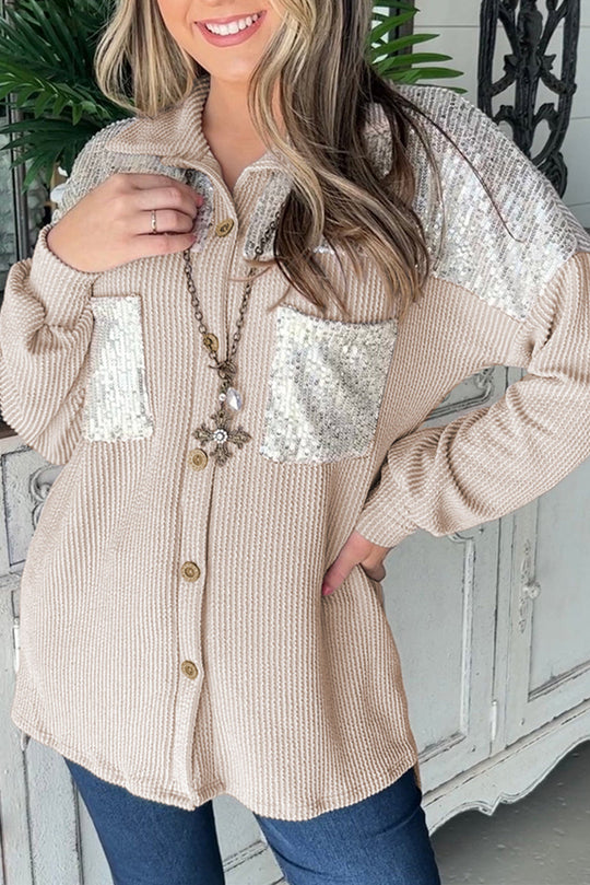 EB | Rippierte Hemdbluse mit Silber Pailletten Polyester-mischung Elegant und Festlich