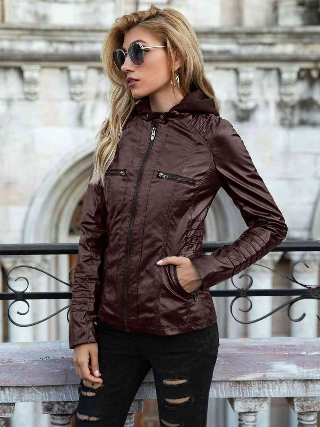 EB | PU-Jacke mit Kapuze und durchgehendem Reißverschluss