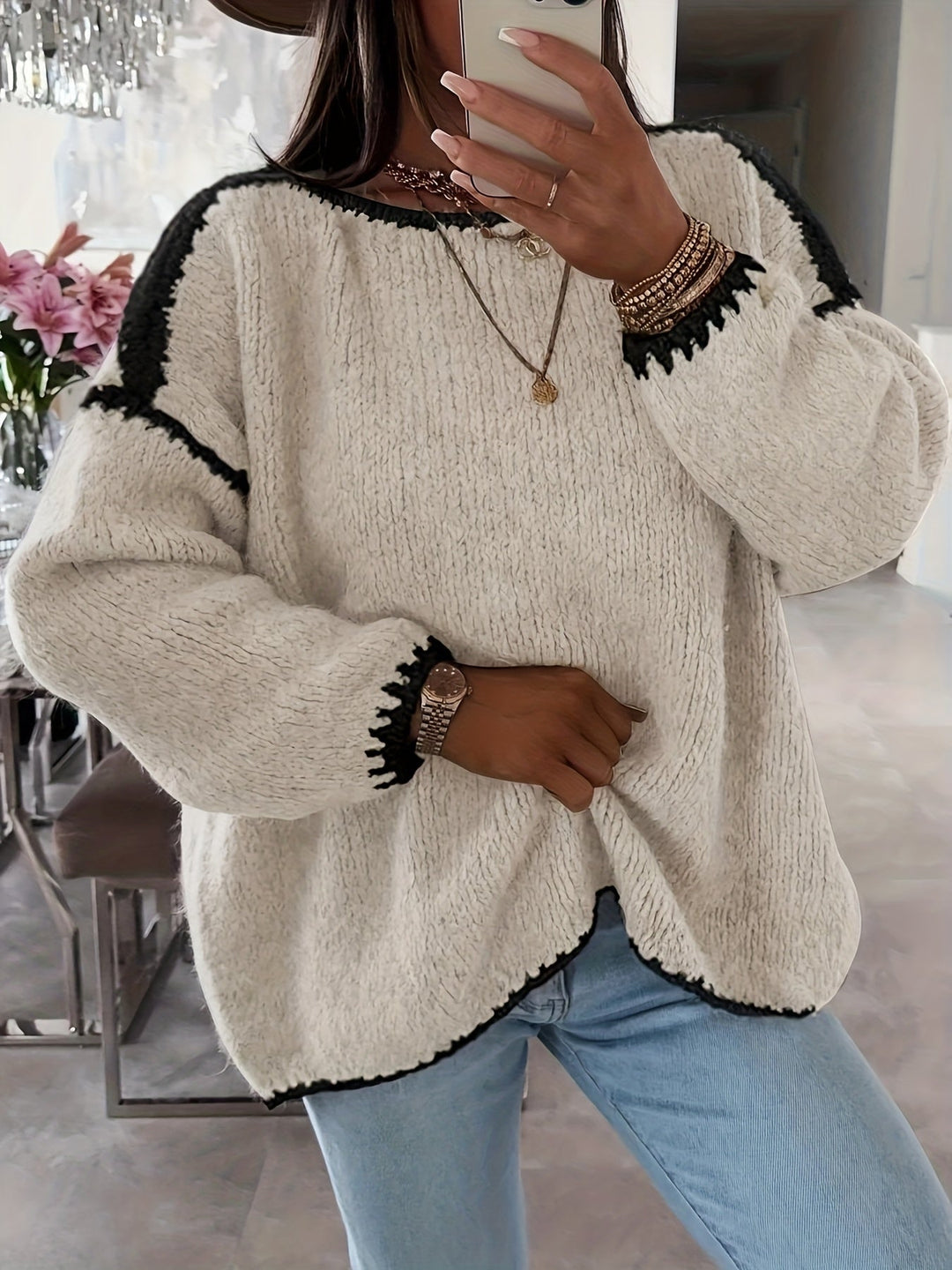 EB | Lockere Strickpullover Weich und Gemütlich Einzigartige Häkel-details