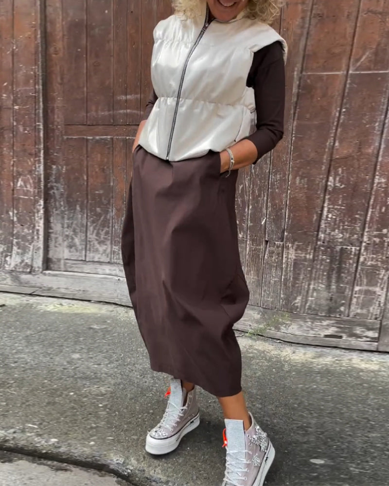 EB | Schlichtes Einfarbiges Elegantes Kleid mit Langen Ärmeln und Tasche