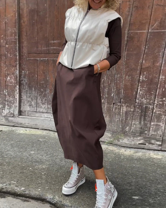 EB | Schlichtes Einfarbiges Elegantes Kleid mit Langen Ärmeln und Tasche