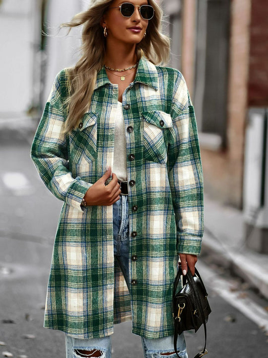 EB | Karierte Button-Up Longline Jacke mit Taschen
