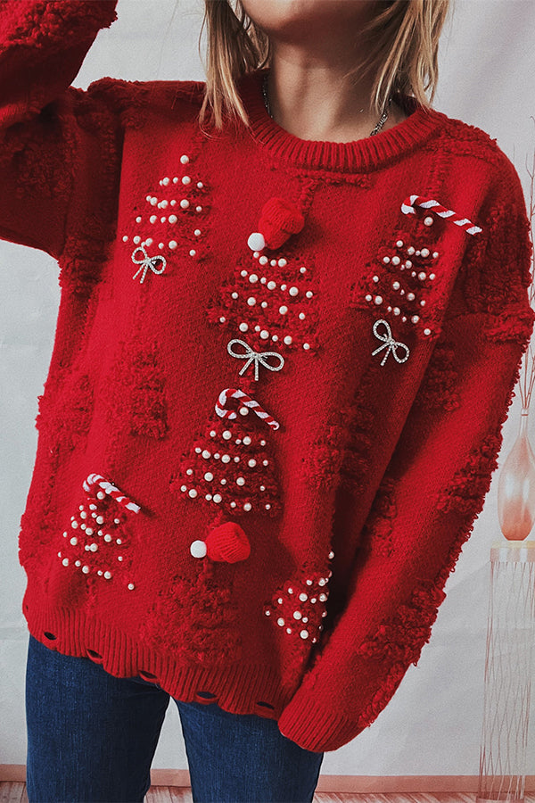 EB | Weihnachtsmuster Gestrickter Rundhalsausschnitt Langarmpullover