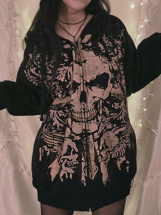 EB | Vintage Schädelprint Oversized Hoodie mit Reißverschluss