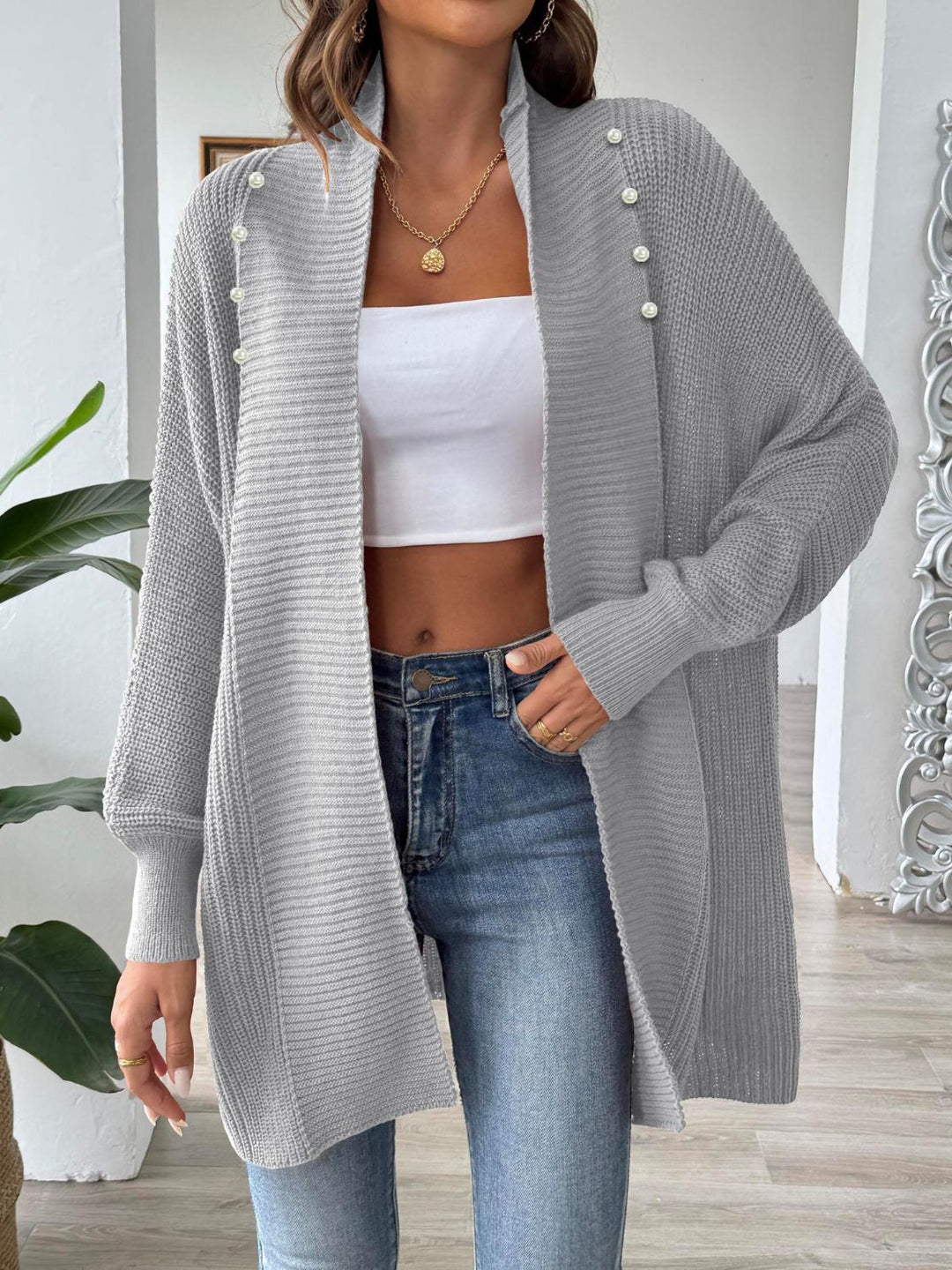EB | Elegante, lockere Strickjacke mit langen Ärmeln und offener Vorderseite