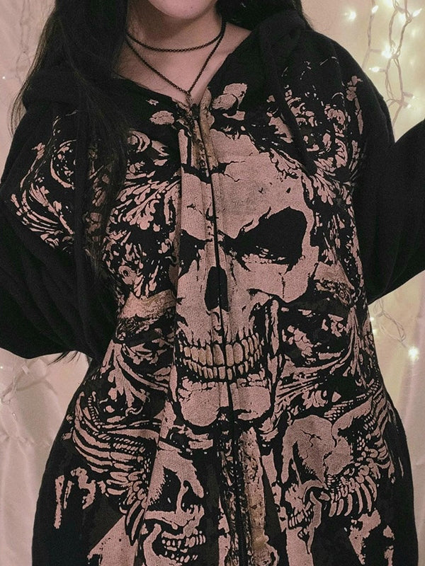 EB | Vintage Schädelprint Oversized Hoodie mit Reißverschluss