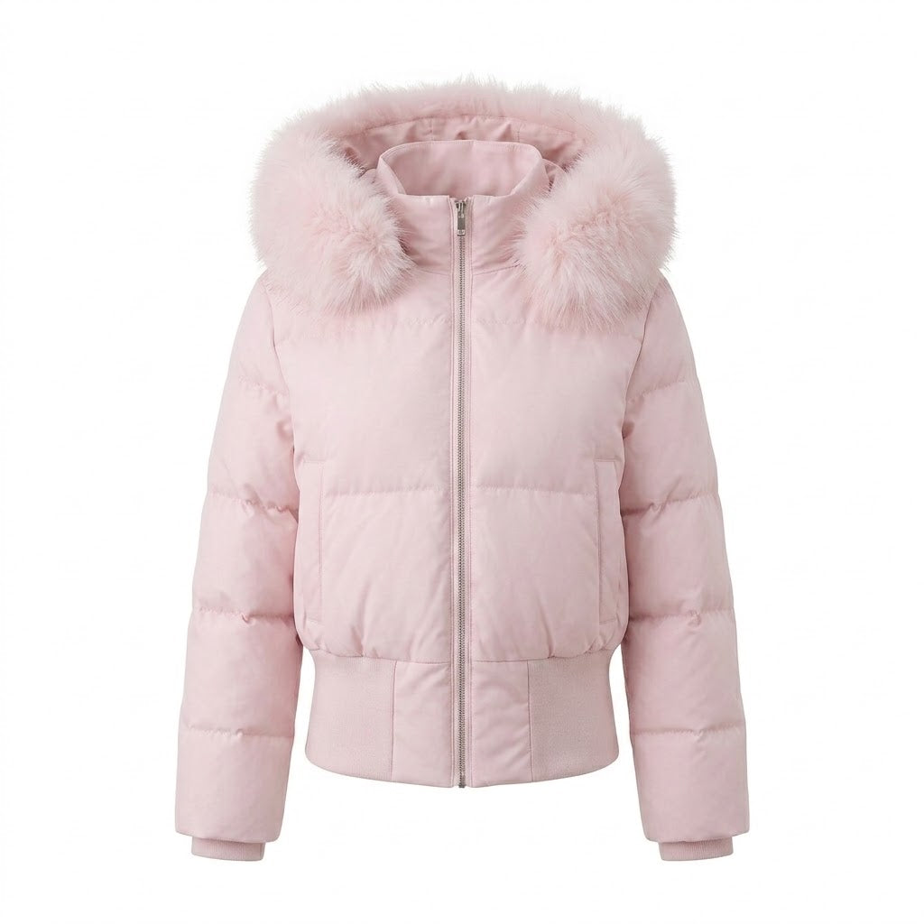 Damen nan kurzer wattierter Kapuzenpuffer mit voluminöser Kunstfellblende, Rippbündchen und wärmender Thermofüllung EB