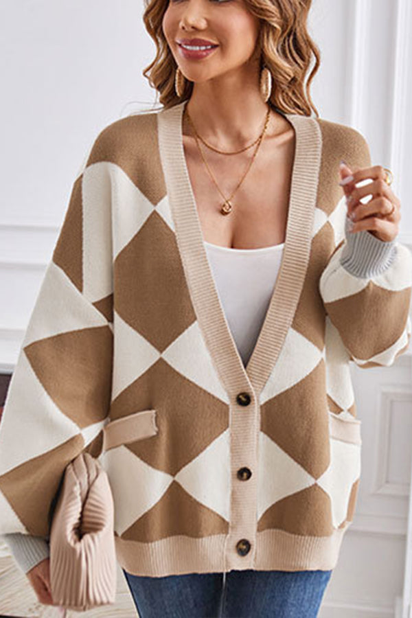 EB | Hals geometrisches Patchwork kontrastierender Strickcardigan lässige lockere Jacke