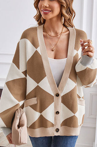 EB | Hals geometrisches Patchwork kontrastierender Strickcardigan lässige lockere Jacke