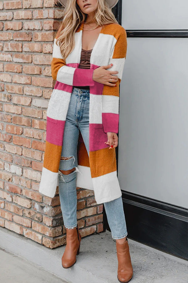 EB | Gestrickte Strickjacke mit offener Vorderseite und Farbblock