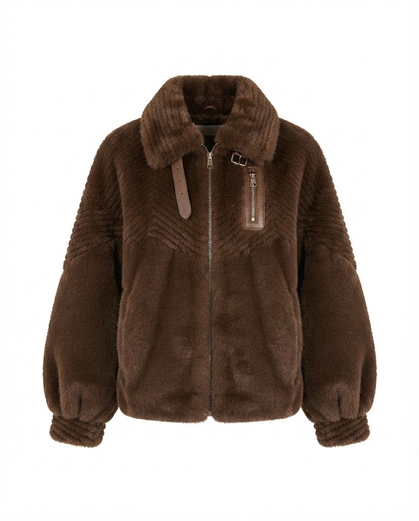 Damen nan kuschelige Kunstpelzjacke mit Stehkragen, Reißverschlusstasche und femininer Ballonärmel-Silhouette EB